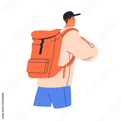 Hiker with backpack. Man traveler carrying bag in adventure, travel. Male tourist backpacker hiking with baggage, haversack, rucksack on back. Flat vector illustration isolated on white background