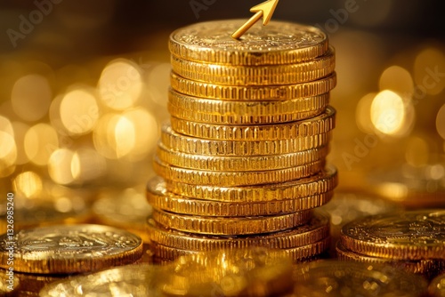A pile of gold coins appears with a golden arrow pointing up.