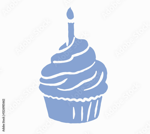 Hand-drawn cupcake with birthday candle in blue silhouette style. Minimalist bakery-themed illustration for greeting cards, invitations, and decorative prints. Birthday and celebration concept