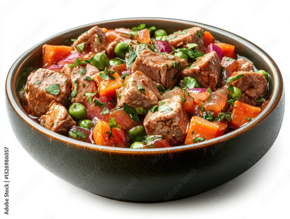 Hearty beef stew with vibrant vegetables in a dark bowl capturing a warm inviting meal preparation close up shot on white background perfect for culinary blog Hearty beef stew with vibrant vegetables in a dark bowl capturing a warm inviting meal preparation close up shot on white background perfect for culinary blog