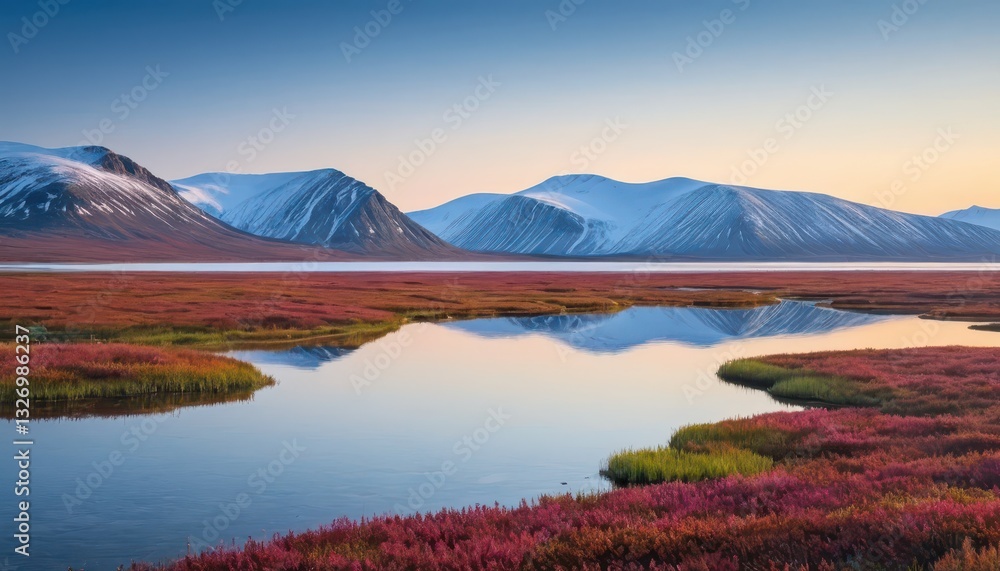 Naklejka premium Serene Reflection of Snow-Capped Mountains in Still Water Surrounded by Vibrant Autumnal Foliage in a Breathtaking Arctic Landscape