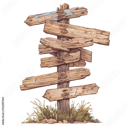 Wooden Signpost Crossroads: An evocative illustration showcases a weathered wooden signpost at a crossroads, offering multiple directions and hinting at choices and decisions.