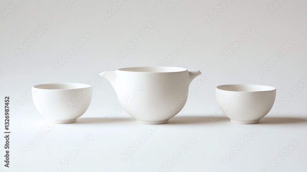 Elegant white ceramic bowls and teapot on a clean surface. Elegant white ceramic bowls and teapot on a clean surface.