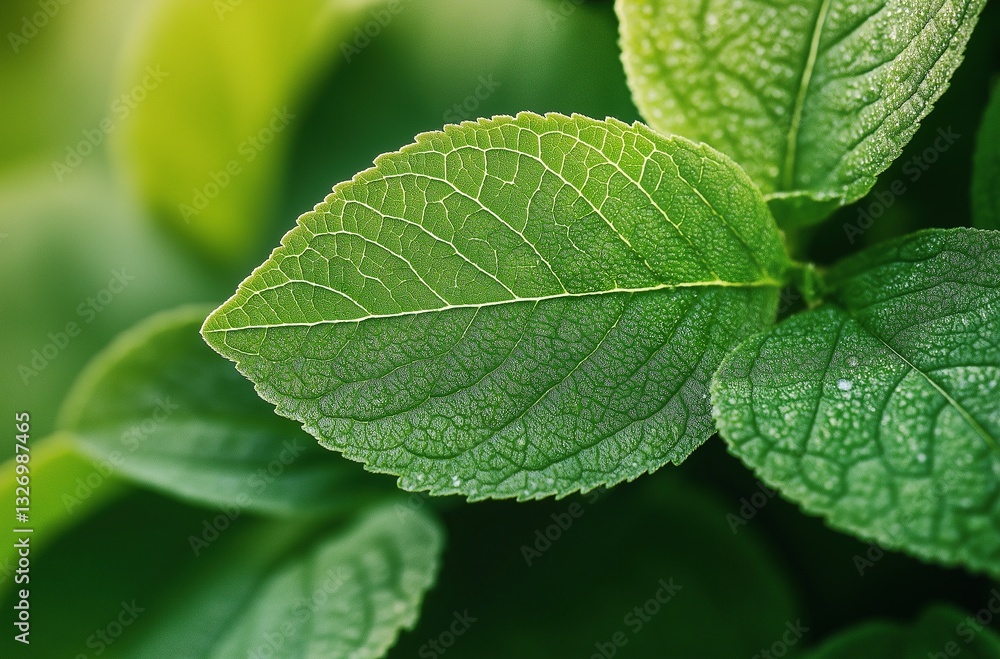 Green Leaf with Intricate Veins and Vibrant Mint Leaves. High Detail and Natural Organic Texture Green Leaf with Intricate Veins and Vibrant Mint Leaves. High Detail and Natural Organic Texture