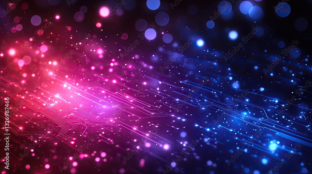 Fototapeta premium Abstract tech background, glowing circuit lines, pink blue bokeh, digital future