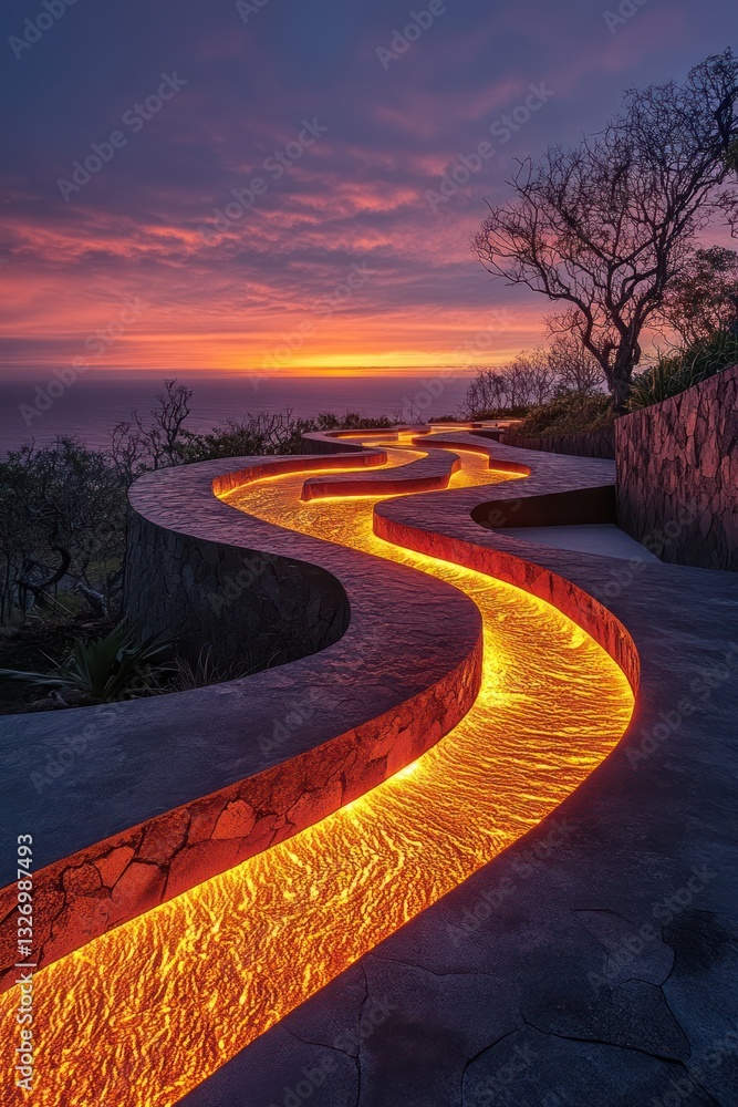 Fototapeta premium Sunset coastal path illuminated water feature