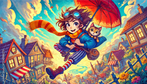 A fearless young girl soars above a whimsical fantasy village, holding an umbrella and wearing aviator goggles and a scarf, embracing adventure in a magical, dreamlike setting.