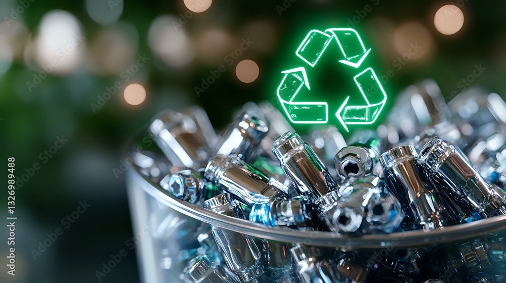 Glowing green recycling symbol above collection of used batteries in container. Environmental concept highlighting proper disposal and sustainability practices. Glowing green recycling symbol above collection of used batteries in container. Environmental concept highlighting proper disposal and sustainability practices.