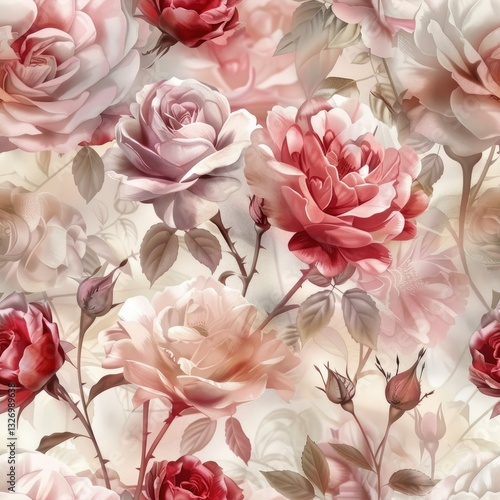 Seamless floral pattern with rose bouquet on white background. 
