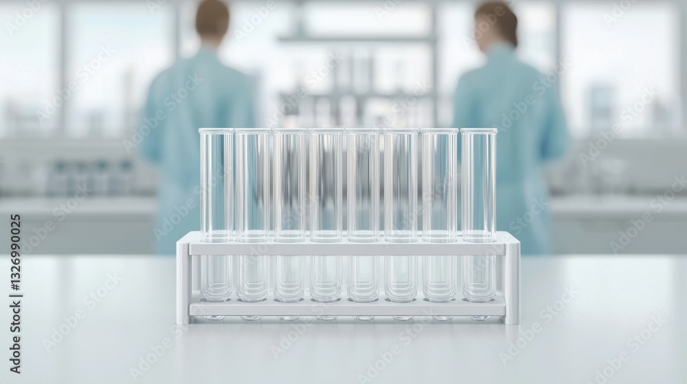 Laboratory scene with test tubes in focus and researchers in background. Laboratory scene with test tubes in focus and researchers in background.