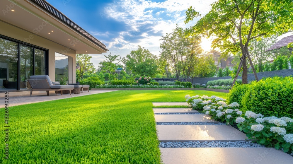 Naklejka premium Lush green residential backyard with well manicured landscape colorful flower beds stone pathway and a cozy patio area showcasing a peaceful and inviting outdoor living space