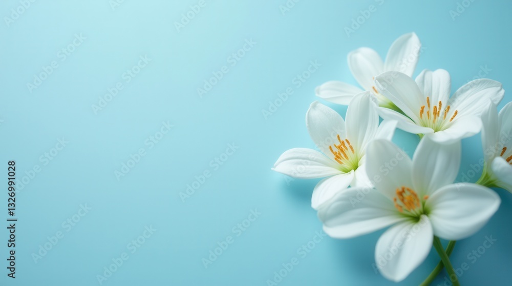 Fototapeta premium Peaceful white flowers blooming against blue background