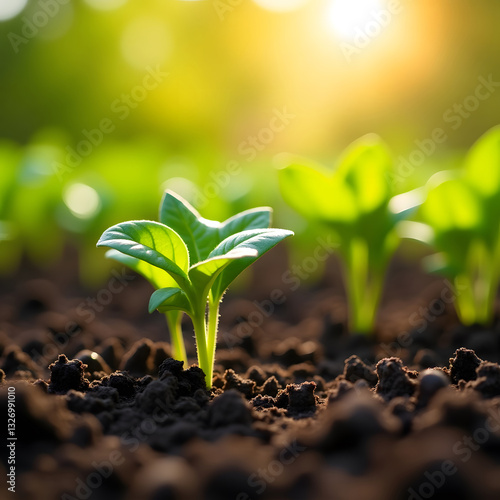 Young Green Sprouts Growing in Sunlit Soil