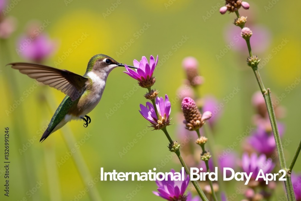Fototapeta premium A close-up of a hummingbird hovering near vibrant flowers, capturing the essence of spring. The text