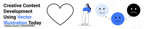 Heart symbol, character pondering with hand at the chin, emotive happy face progression. Ideal for emotion analysis, audience feedback, communication, creativity, content design, education flat