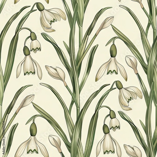 Vintage seamless pattern snowdrops flower on pastel background. Retro floral print for spring easter festive design