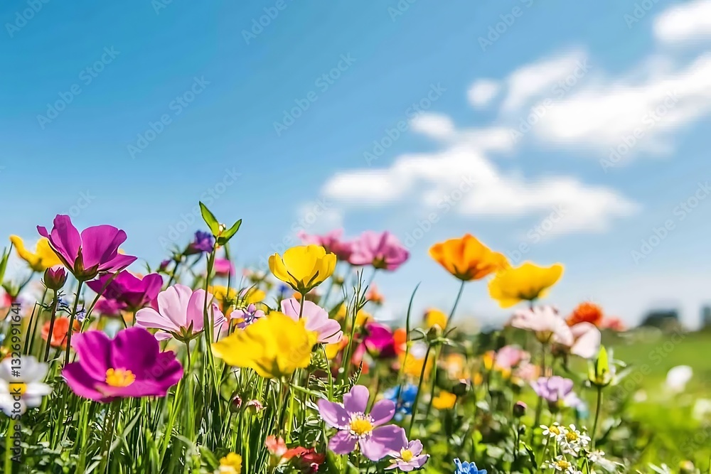Expansive field of colorful wildflowers stretching beyond the horizon beneath a bright sky Expansive field of colorful wildflowers stretching beyond the horizon beneath a bright sky