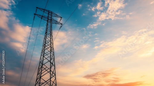 High voltage power line tower silhouetted against a stunning sunset sky filled with vibrant colors : Generative AI
