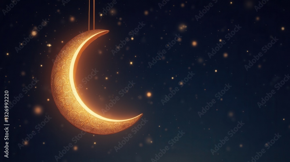 Fototapeta premium Peaceful decorative crescent moon hanging in night sky