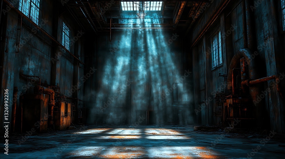 Fototapeta premium Abandoned factory interior, sunlight beams, grunge