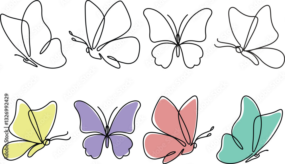 Butterflies drawing collection elegance continuous linear artwork. 