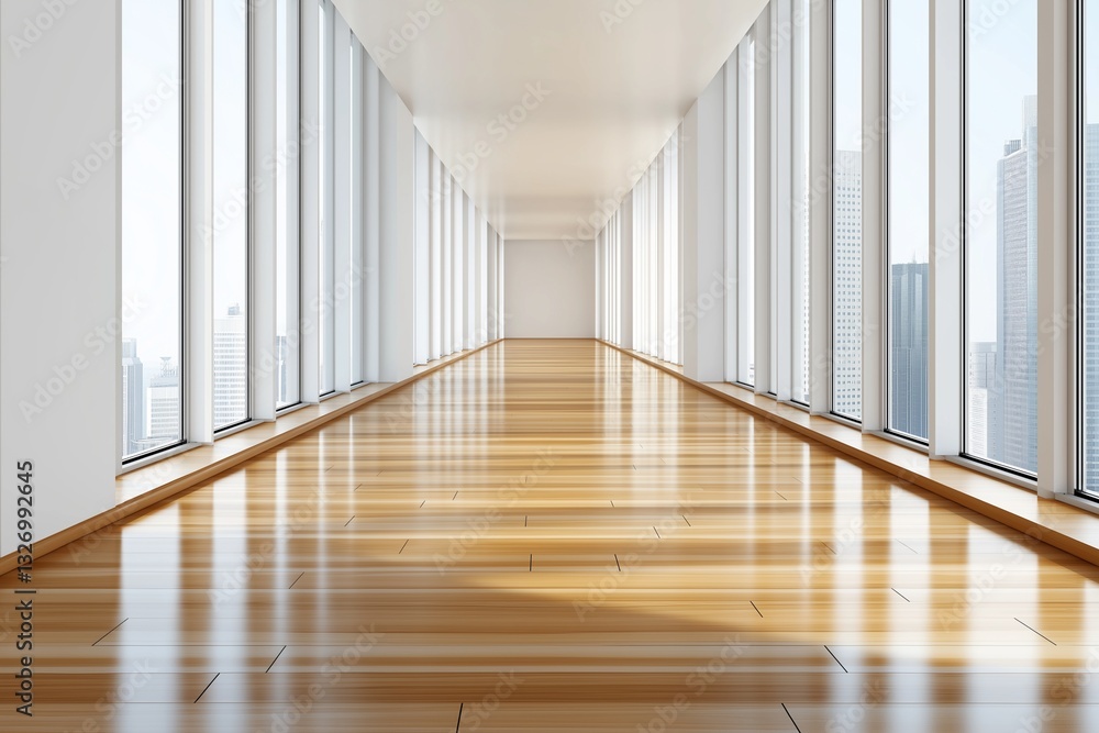 Obraz premium A long corridor lined with expansive windows offers natural light and a sense of openness. The polished wooden floor enhances the modern aesthetic of the space.