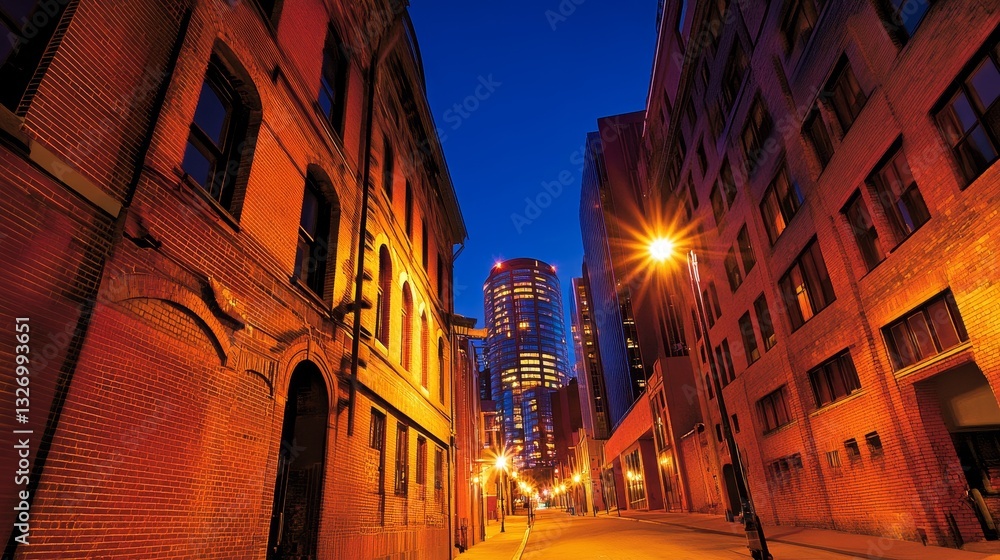 Fototapeta premium Vibrant urban street at dusk showcasing historical architecture and modern skyline