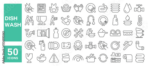 Set of 50 line icons related to dish wash, clean dishes, hygiene, plate, sponge, dishware, tap, foam, household, detergent, dishwasher, Editable stroke. Vector illustration