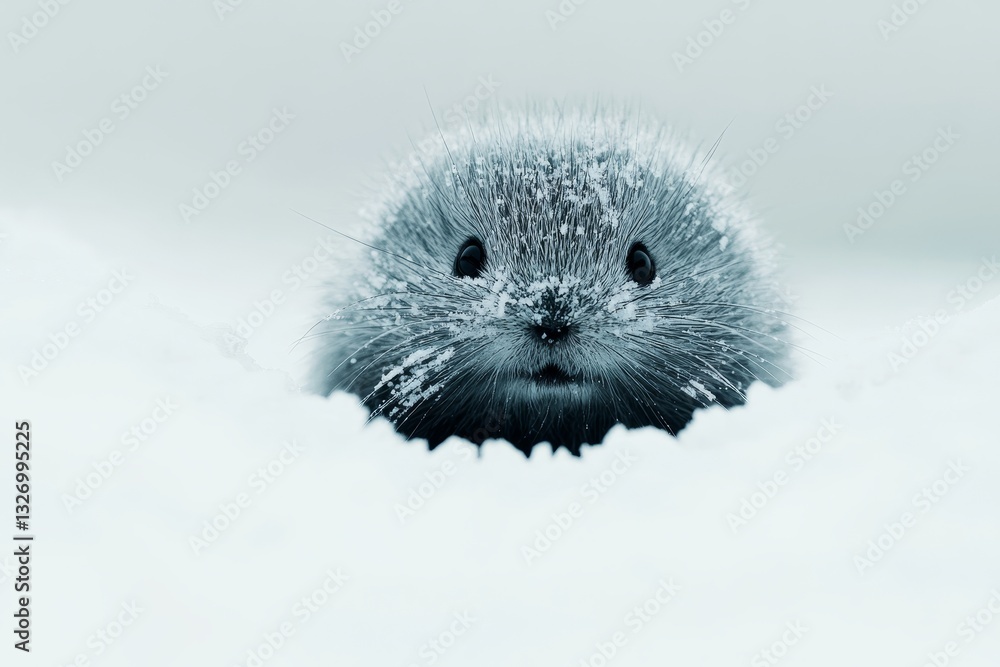 Obraz premium Adorable small winter mole peeking from fresh snow with tiny face covered in frost