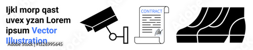 Surveillance camera, signed contract, formal footwear underlining security, agreement, professionalism. Ideal for safety, legal compliance, corporate, monitoring employment business ethics flat