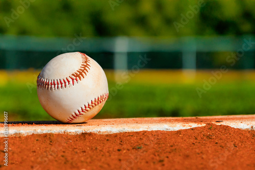 Canvas Print Little League Baseball close-up on pitcher's mound with outfield in the backgrou