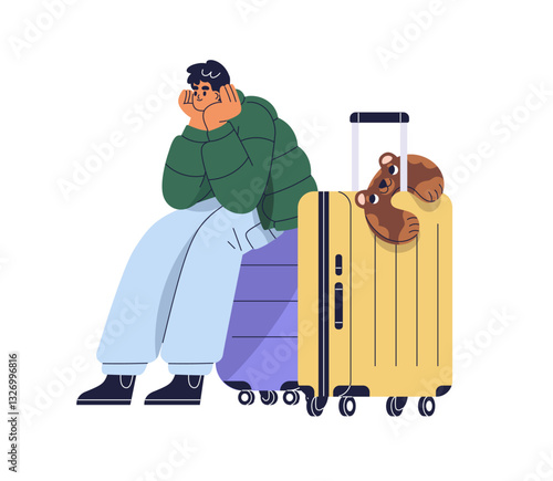Passenger, male tourist sitting on suitcase and waiting for flight. Man with travel bags, baggage, luggage, ready for the vacation journey. Flat vector illustration isolated on white background