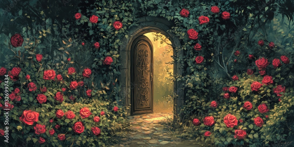 Fototapeta premium The Enchanting Portal Revealed Through Lush Roses and Greenery