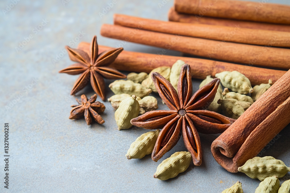 Star anise, cinnamon sticks and cardamom in oriental style Star anise, cinnamon sticks and cardamom in oriental style