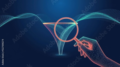 Abstract funnel with data stream and hand with magnifying on dark blue background. Data analysis concept. Digital internet wave or flow. Low poly wireframe vector illustration in a futuristic style 