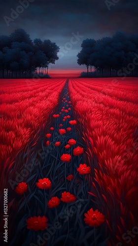 Stunning field blanketed with red flowers surrounded by lush green grass under bright sunlight