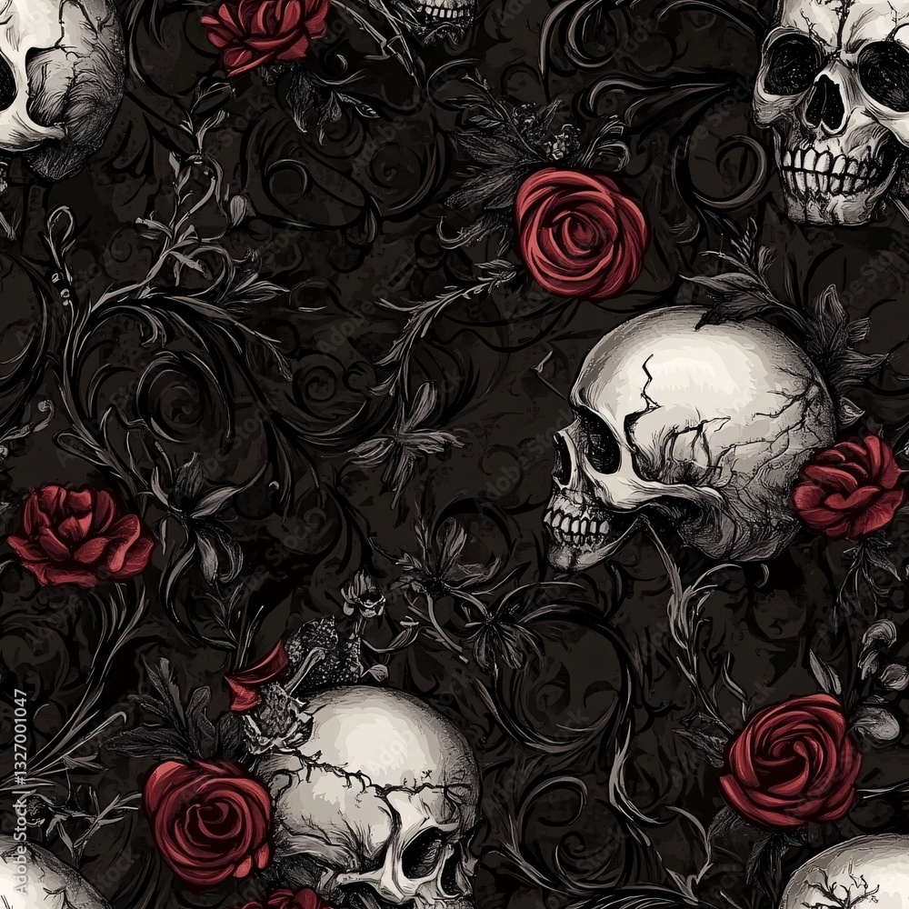 Eerie Gothic Seamless Pattern with Skulls, Roses, and Dark Elements for Halloween or Tattoo Designs Eerie Gothic Seamless Pattern with Skulls, Roses, and Dark Elements for Halloween or Tattoo Designs