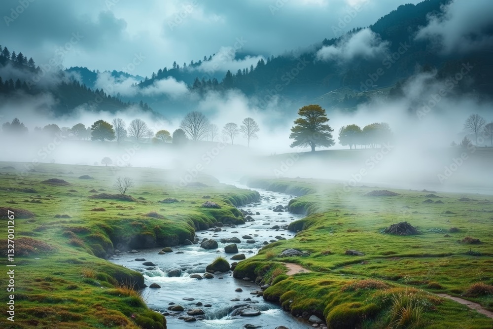 Fototapeta premium foggy landscape with a stream running through a grassy field