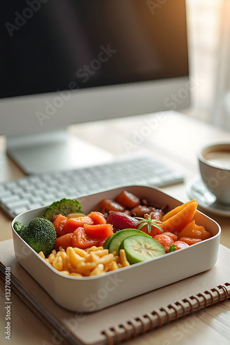 Healthy meal box with fresh fruits and vegetables on wooden table near computer and coffee