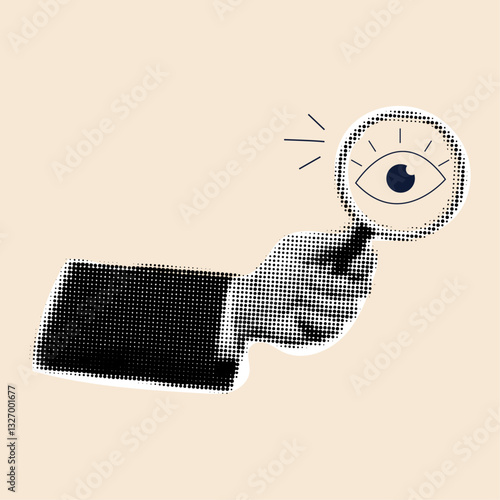 Halftone man's hand holding a magnifying glass with eye icon inside ,business concept,marketing analysis concept for collage design