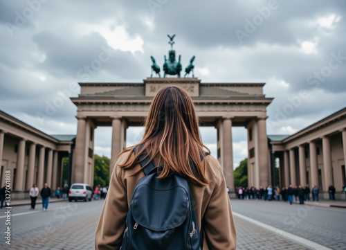 Young Woman with Backpack Walking Towards Brandenburg Gate Berlin Germany