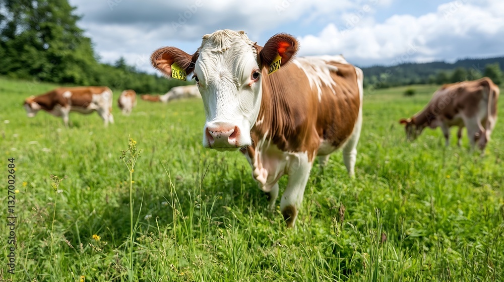 Curious Brown Cow Grazing in Lush Green Field Under a Clear Blue Sky : Generative AI Curious Brown Cow Grazing in Lush Green Field Under a Clear Blue Sky : Generative AI