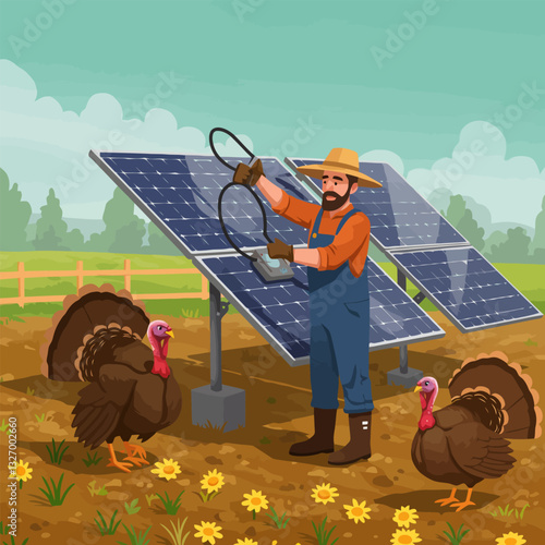Farmer Inspecting Solar Panels with Turkeys in a Field