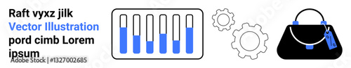 Bar graph with blue and white bars, two mechanical gears, and a black handbag with a blue tag. Ideal for analytics, business, fashion, technology, retail, data visualization flat landing page banner