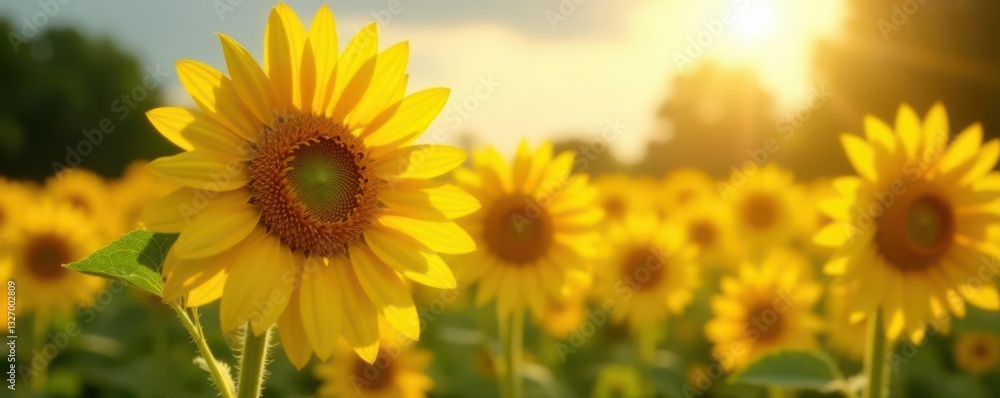 Close-up of a sunflower in a field, bathed in sunlight, golden, sharp, bright Close-up of a sunflower in a field, bathed in sunlight, golden, sharp, bright