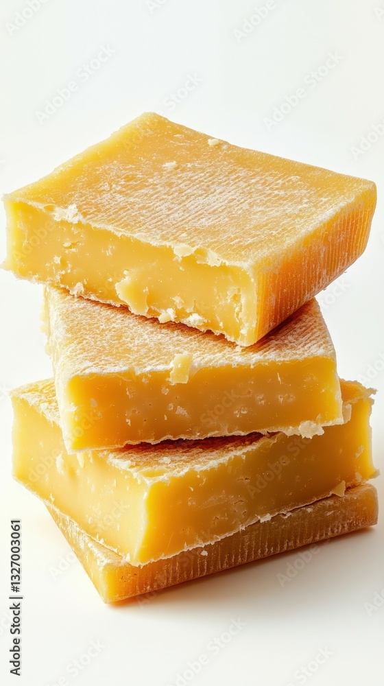 Rich, creamy cheese blocks stacked for a delicious culinary experience in a light setting Rich, creamy cheese blocks stacked for a delicious culinary experience in a light setting