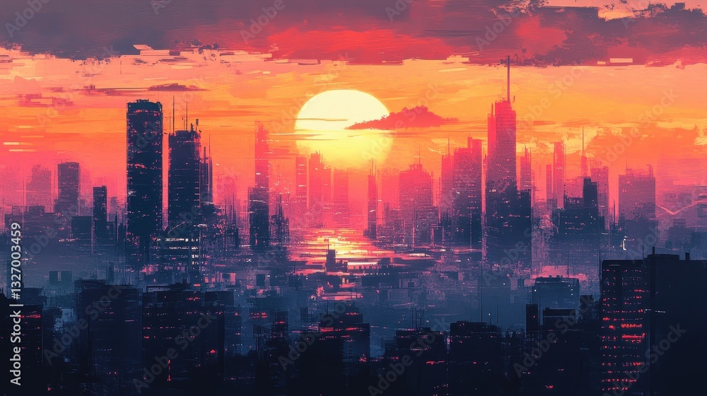 Fototapeta premium A futuristic city silhouette bathed in colorful sunset hues