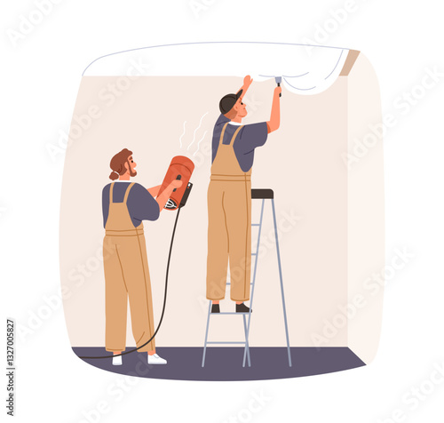 Stretch ceiling installation during home renovation. Construction workers installing and adjusting flexible material with heat gun in interior. Flat vector illustration isolated on white background