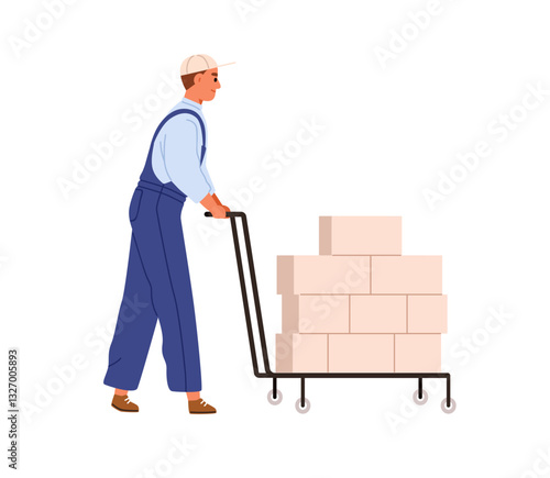 Building worker. Bricklayer, repair man pushing trolley loaded with bricks at construction site. Repairman, builder during renovation work. Flat vector illustration isolated on white background