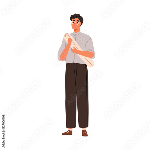 Architect holding rolled paper, blueprint. Building engineer, planner, designer with construction drawing, architecture plan draft in hands. Flat vector illustration isolated on white background